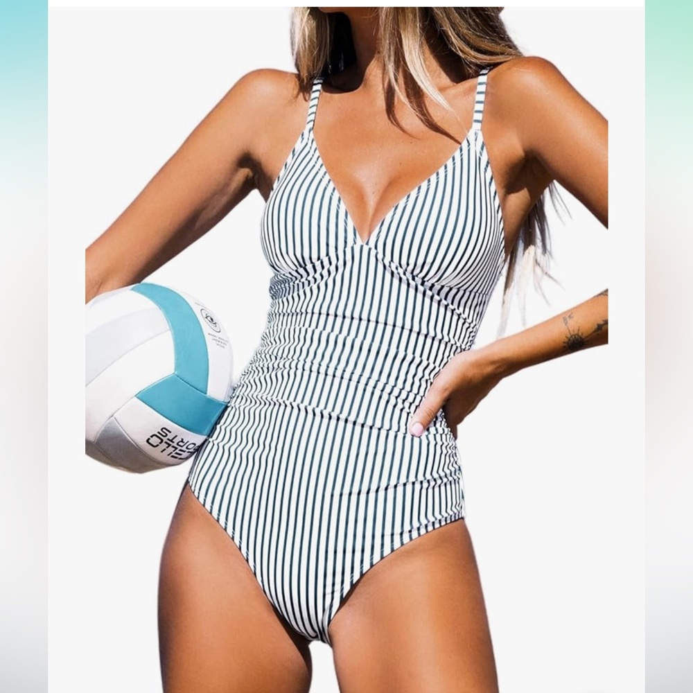 NWT Cupshe blue & white striped tummy control one piece swimsuit sz L